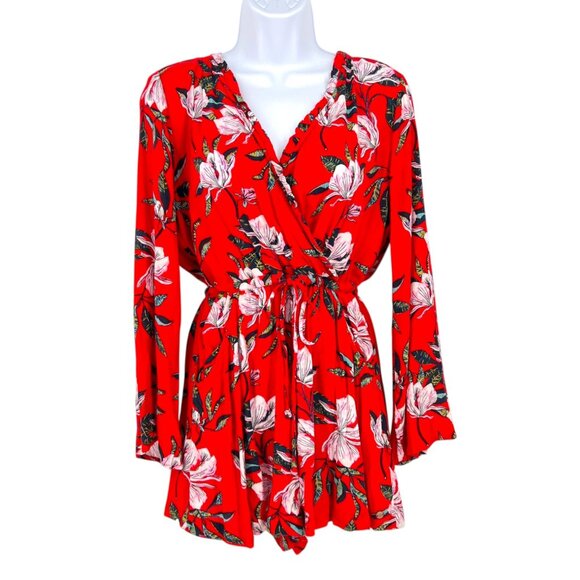 Roxy Red Floral Long-Sleeve V-neck Romper Size Small - Picture 1 of 12